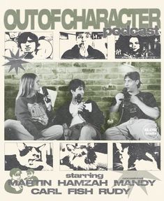 an advertisement for the upcoming movie, outofchaaterer with two men and a woman sitting on a couch talking to each other