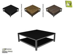 three different tables with black and brown wood tops, one on each side and one on the other