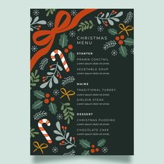 a christmas menu with candy canes and holly