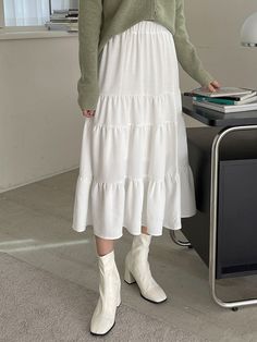 White Casual   Polyester Plain Layered/Tiered Embellished Non-Stretch Spring/Summer/Fall Women Bottoms Long Flowy Skirt Outfit, Tiered Skirt Outfit, Flowy Skirt Outfit, White Flowy Skirt, White Skirt Outfits, Plain Skirt, White Long Skirt, Ruffle Hem Skirt, White Midi Skirt