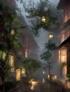 a foggy street with lanterns and trees