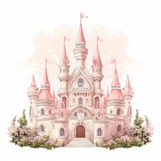 a drawing of a castle with pink turrets