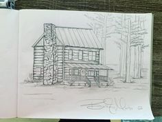 a drawing of a log cabin in the woods