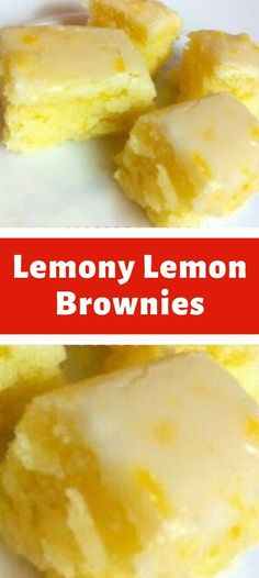 lemon brownies on a white plate with the words, lemony lemon brownies