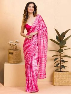 Rani Pink Saree, Saree Satin, Blouse Satin, Rani Pink, Pink Swarovski, Plain Blouse, Designer Saree, Tie Dye