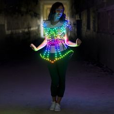 Smart Light up go go dress clothing - Cage dress "Iris" - by ETERESHOP Glowwave Outfits, Glow Party Outfit, Go Go Dress, Light Up Clothes, Iris Fashion, Irish Dance Dress, Cage Dress, Led Clothing, Gogo Dress