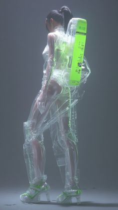 a woman is standing in transparent plastic with neon green shoes on her feet and holding an object behind her back