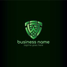 a green shield logo on a black background with the words business name and an image of two