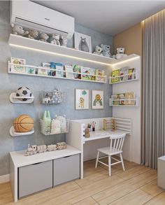 a child's room with shelves and toys on the wall, including a desk