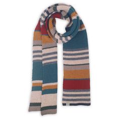 a multicolored striped scarf on a white background