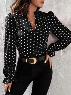 Black and White Elegant Collar Long Sleeve Fabric Polka Dot Top Embellished Non-Stretch Spring/Fall Women Clothing Shirt Dress Pattern, Flounce Sleeve, Puff Sleeve Blouse, Polka Dot Blouse, Long Shorts, Print Chiffon, Polka Dot Print, Long Blouse, Sleeves Pattern