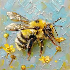 a painting of a bee sitting on top of yellow flowers