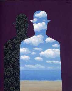 a painting of two people facing each other with clouds in the sky and water behind them