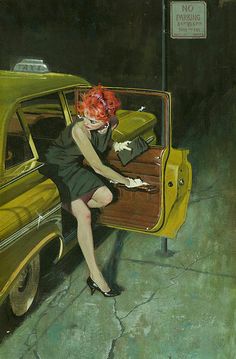 a painting of a woman sitting on top of a yellow car