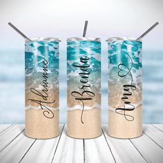 three beach themed tumbles with the words ship's same day and free shipping