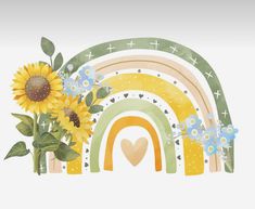 sunflowers and flowers are in front of a rainbow with hearts on the side