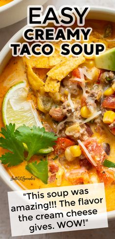 a bowl of taco soup with tortilla chips on the side