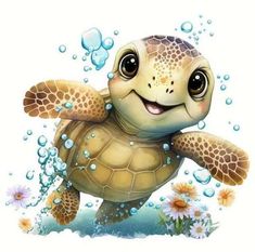 a turtle swimming in the water with bubbles and daisies on it's back