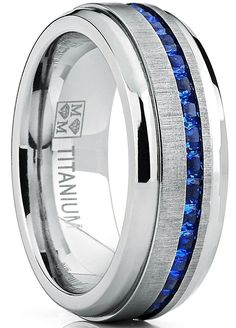 men's wedding band with blue sapphire inlays and beveled edges