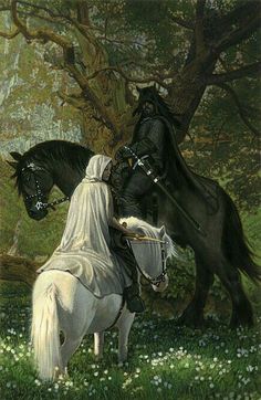 a painting of two men on horses in the woods