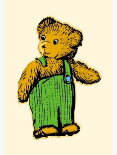 a drawing of a teddy bear wearing overalls and holding onto a green bib