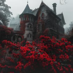 an old house with red flowers in the foreground and foggy sky above it