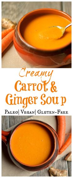 creamy carrot and ginger soup with text overlay