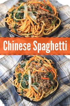 two plates of chinese spaghetti with carrots, spinach and ground beef on top