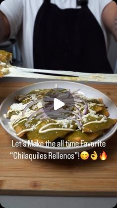 a person in an apron preparing food on a cutting board with the words let's make the all time favorite chilies rellens?