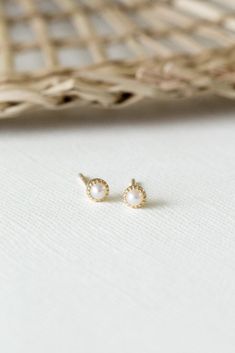 Pearl Milgrain Bezel Stud Earrings Simple Gold Stud Earrings, 14k Gold Round Milgrain Jewelry, Elegant 14k Gold Milgrain Jewelry, Dainty Round 14k Gold Pearl Earrings, Classic Milgrain Jewelry As Gift, Earrings With Pearls, Simple Stud Earrings, Gold Stud Earrings, Rose Yellow