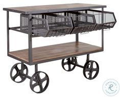 an industrial style cart with baskets on wheels