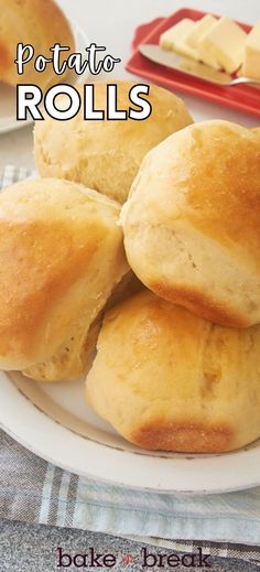 several rolls on a plate with butter and cheese in the background text reads potato rolls