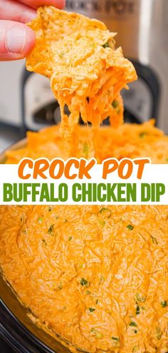 the crock pot buffalo chicken dip is being lifted from an instant pressure cooker