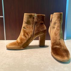 Gently Worn Elegant Brown Ankle-high Heeled Boots, Luxury Hand-tooled Brown Boots, Luxury Elegant Brown Mid-calf Boots, Vintage Brown Ankle-high Boots, Brown Ankle-high Synthetic Boots, Velvet Ankle Boots, Lk Bennett, Brown Gold, Bootie Boots