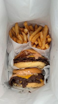 two hamburgers and french fries in a paper bag