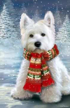 a painting of a white dog wearing a red and green sweater with snowflakes on it