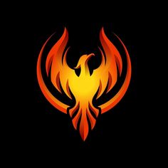 a red and yellow fire bird logo on a black background with an orange flame in the center