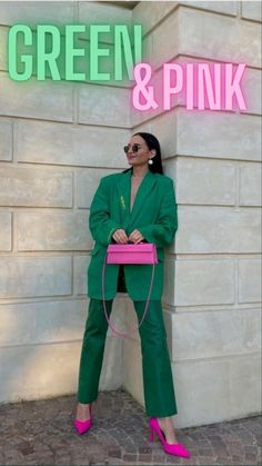 Victoriia Bogodist Pink On Green Outfit, Olive Green With Pink Outfit, Pink And Emerald Green Outfit, Green And Fuschia Outfit, Green Dress Pink Heels, Pink And Green Business Attire, Green And Pink Outfits For Women, Pink Dress Green Shoes