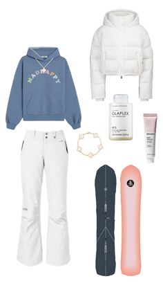 an assortment of items including a hoodie and snowboard