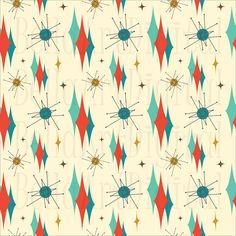 an abstract pattern with red, blue and yellow stars on white background that is seamless