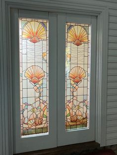 This is for a pair of two Victorian style stained glass look French door window enhancement films. These are printed on adhesive that you just peel and apply to the window plexiglass or real glass for you one inch to the foot dollhouse. You can even add them to Windows on a finished house. The measurement of the design area is  1.3998 in wide 5.808 in tall 3.55 cm 14.75 cm  It is displayed on a Houseworks Double French door #6011 ### Listing is for a plastic window decal that will fit on these doors, no doors are included ### What makes our windows different?  All of our windows are professionally printed using a commercial printer using high quality archival cannon photo ink that is UV resistant and is approved for displaying for over 10 years without degrading or fading. The plastic shee Double French Door, French Door Windows, Stained Doors, Coquille Saint Jacques, Plastic Window, Glass French Doors, Double French Doors, Plastic Windows, Door Decals