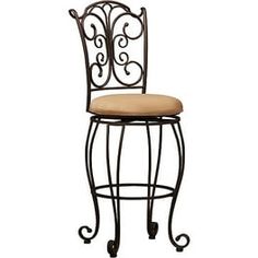 a wrought iron bar stool with a tan cushion