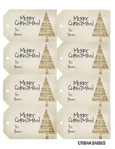 six christmas tree tags with the words merry christmas written in black and white on them