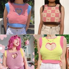 four pictures of different types of crocheted clothing with holes in the front and back