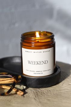 Weekend Soy Candle 9 oz. - Amber Jar Amber Candle Aesthetic, Homemade Candle, Water Decor, Amber Jar Candle, Amber Candle, Clear Labels, Sweet Water, Coloured Candles, Orange Scent