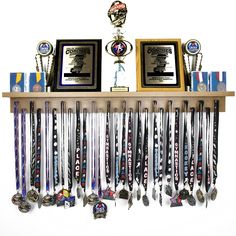 an assortment of trophies and medals on a shelf