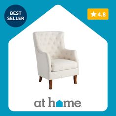 a white chair sitting in front of a blue background with the words best seller at home