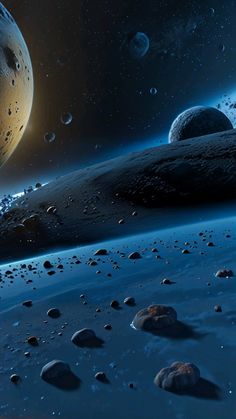 an artist's rendering of two planets in the distance, with rocks on the ground