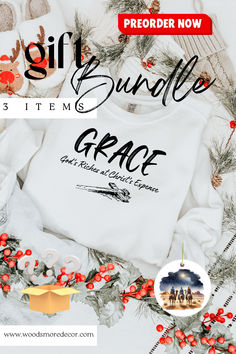 3 Items for just $49, wrapped and ready to gift. Included is a unisex softstyle faith based Grace sweatshirt, ceramic 3 wisemen ornament, and a MYSTERY ITEM. These are perfect for preteen all the way to a grandma this Christmas season. Gift to someone far away and ship it right to their door. 3 Wisemen, Screen Print Sweatshirt, Inspirational Graphic Tees, Faith Based Gifts, Christian Shirts Designs, White Screen, Gift Bundle, Christian Designs, Christian Shirt