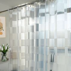 Made of 100% EVA, this shower liner is both functional and beautiful. Its heavy-duty construction is neither too thick nor stiff, and it's free of any plastic smell. Plus, it's mold and mildew resistant and easy to clean. The transparent material allows bright light to come through, while the 3D geometric pattern provides a little privacy. With 3 strong magnets at the bottom, the liner stays in place and attaches easily to the tub. The reinforced top hem includes 12 metal eyelets to prevent tear Plastic Shower Curtain, Modern Shower Curtains, Geometric Pattern Design, Large Shower, Grid Pattern, Plastic Hooks, Take A Shower, Shower Liner, Bathroom Curtains